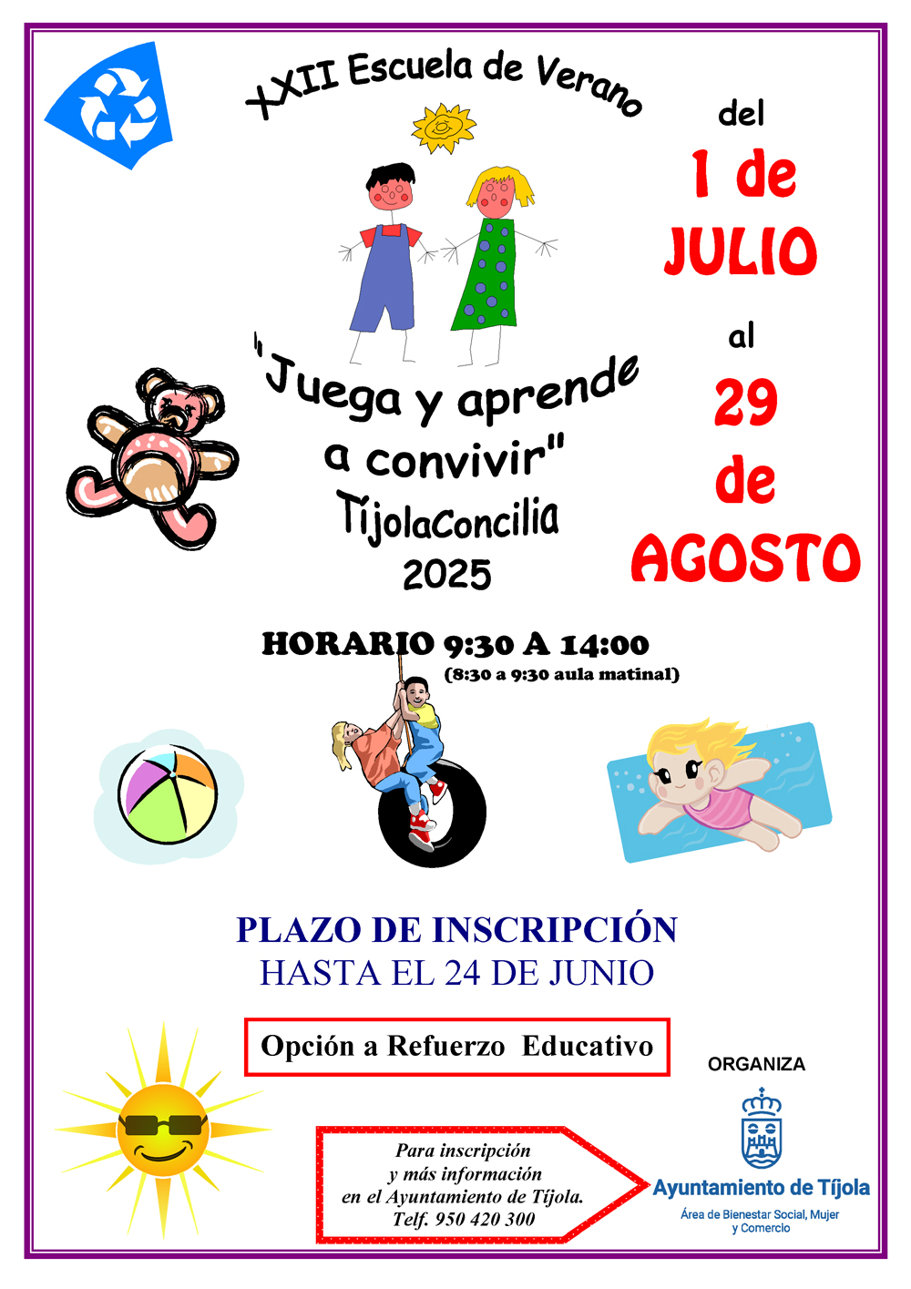 Imagen del Cartel de la Escuela de Verano 2025. Imágenes de dibujos infantiles de fondo.